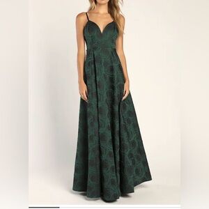 Lulu’s black and green floral jacquard floor length dress